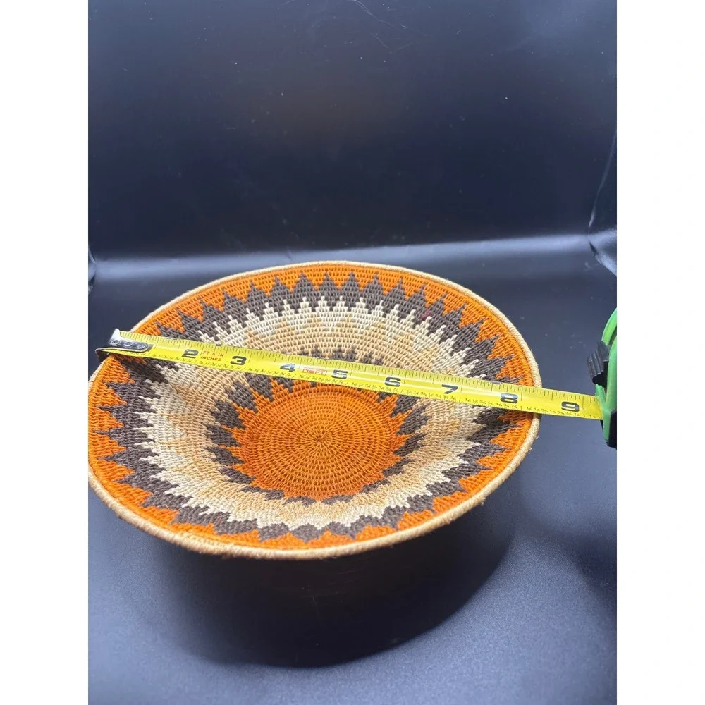 Hand Woven Basket Bowl Orange Brown Geometric Art 6.5in